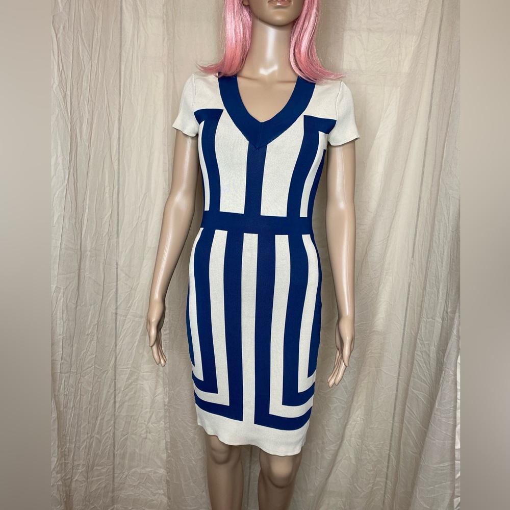 Eva Longoria The Limited power knit color block body con dress blue beige small